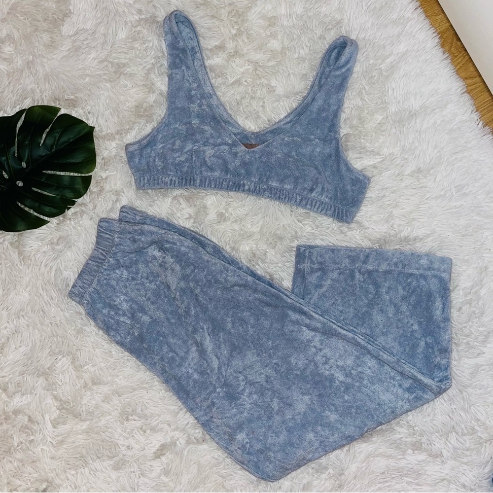 H&M | Terry Cloth Baby Blue Set Crop Top Size Medium Wide Leg Pants Size Small